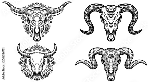Foto Ornate Animal Skulls Collection: Bull and Ram, Western Style