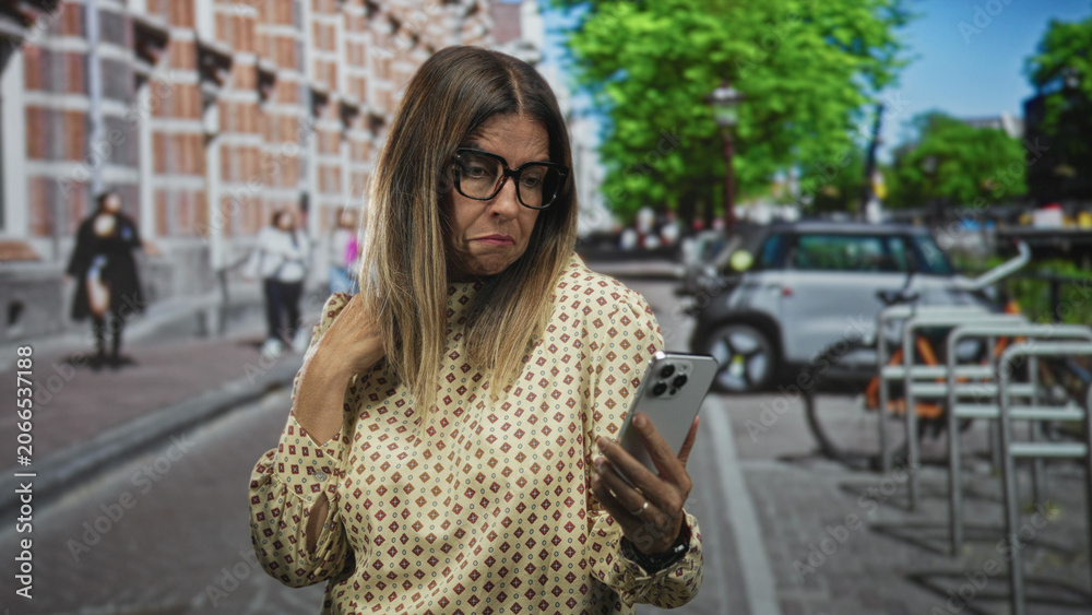 Fototapeta premium Middle-aged hispanic woman holding smartphone and touching neck with other hand, frowning while checking screen on street; concern daily life.