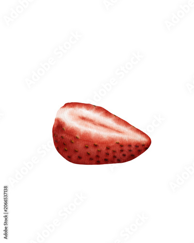 Hand painted watercolor strawberry slice isolated. for food packaging, menu design, recipe books, organic branding, kitchen decor, surface pattern design, textile prints, stationery, and botanical 
