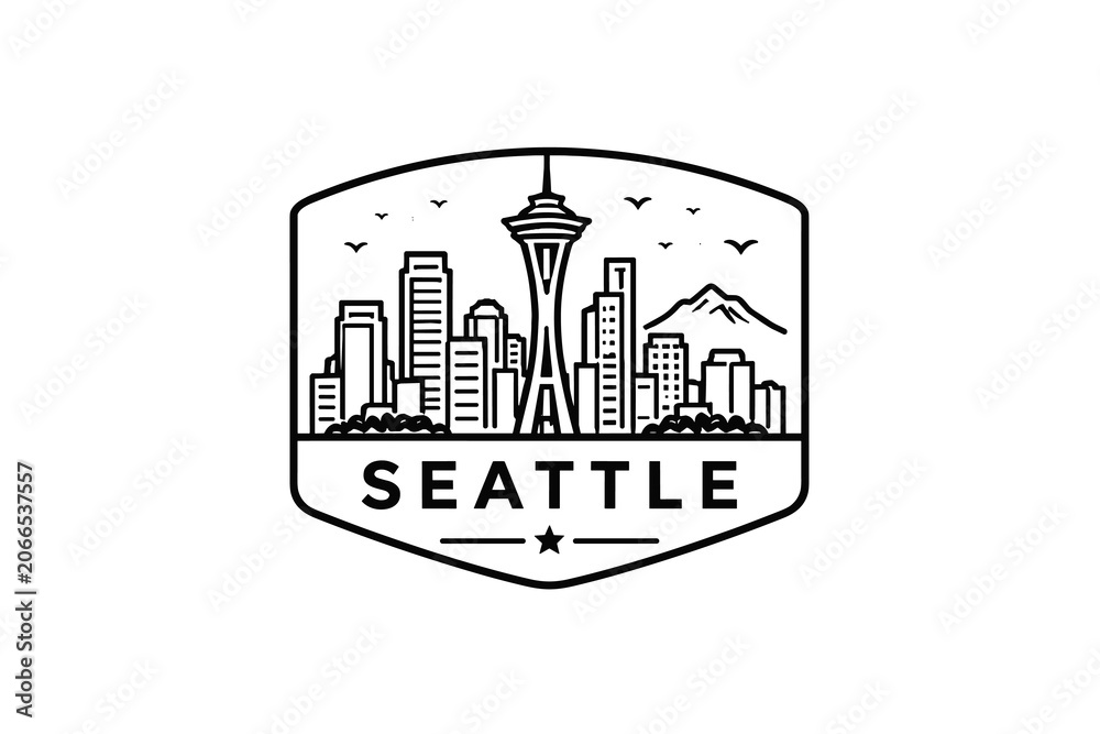 Obraz premium Minimalist Black Line Art Seattle Skyline Badge Vector Illustration – Space Needle Shield Emblem