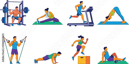 Photos Fitness Workout and Gym Training Exercises Vector Illustration Collection Set
