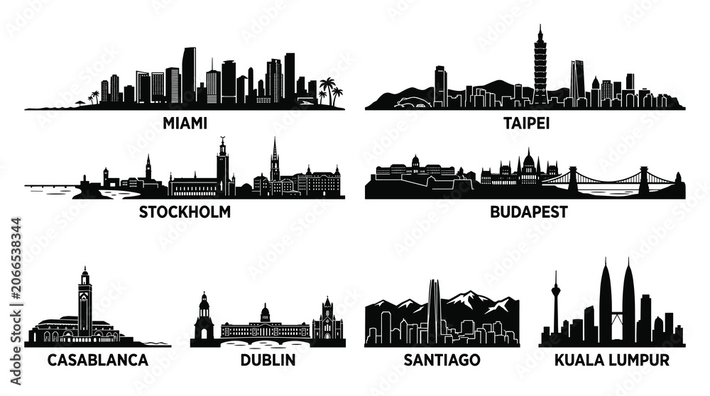 Naklejka premium Minimalist Black Silhouette Vector Illustration – Miami Stockholm Taipei Budapest Casablanca Dublin Santiago Kuala Lumpur Urban Skyline Bundle