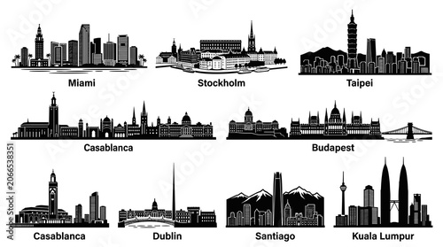 Minimalist Black Silhouette Vector Illustration – Miami Stockholm Taipei Casablanca Budapest Dublin Santiago Kuala Lumpur Urban Skyline Bundle