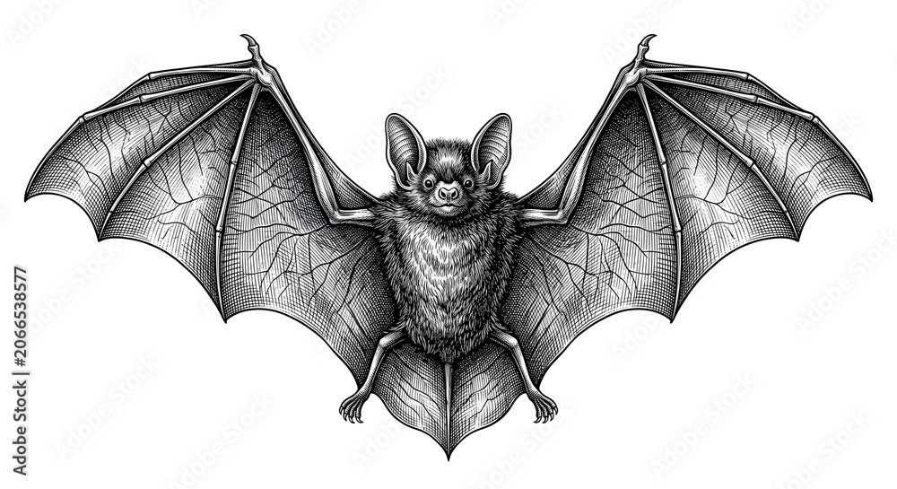 Obraz premium Detailed engraving style bat illustration with outspread wings