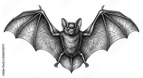 Detailed engraving style bat illustration with outspread wings