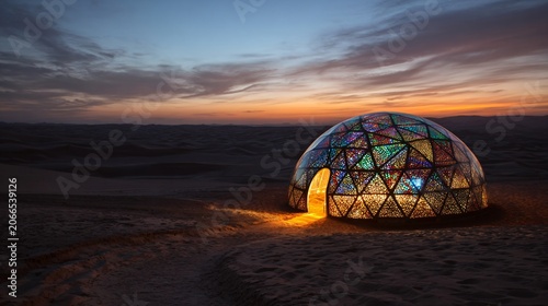 Colorful stained glass geodesic dome glowing in a sandy desert at sunset, providing a creative architectural background and copy space for art or spiritual themes.