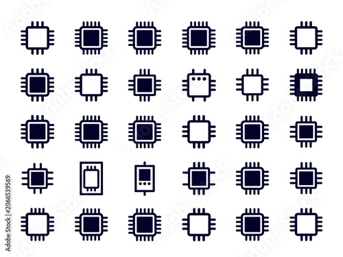 Microprocessor and CPU Chip Icons Collection with Semiconductor Components and Computer Hardware Symbols