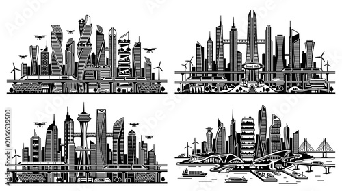 Futuristic Smart City Skyline Illustration Bundle with Modern Urban Architecture and Advanced Metropolitan Infrastructure