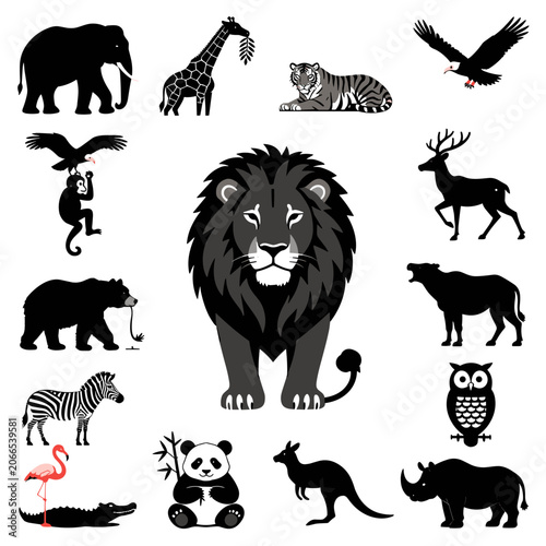 Mixed Style Wild Animals Icons Collection with Silhouette Wildlife, Safari Mammals and Exotic Bird Symbols