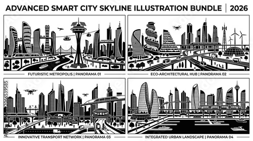 Advanced Smart City Skyline Illustration Bundle with Futuristic Urban Infrastructure and Sustainable Metropolitan Landscapes