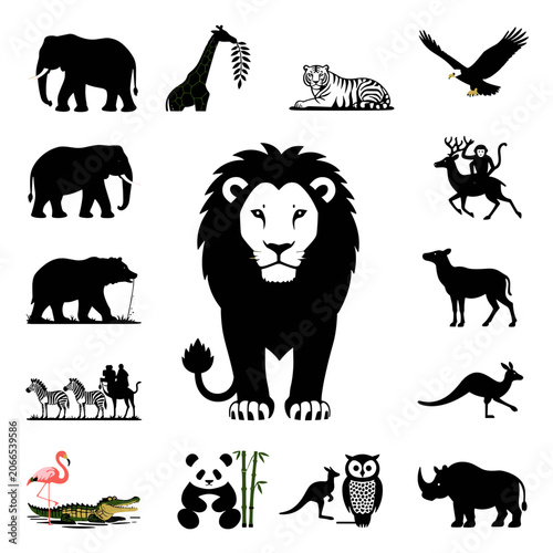 Silhouette Wild Animals Icons Collection with African Wildlife, Birds and Exotic Animal Symbols