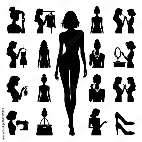 Silhouette Fashion and Beauty Icons Collection with Female Models, Makeup Artists and Stylish Lifestyle Symbols