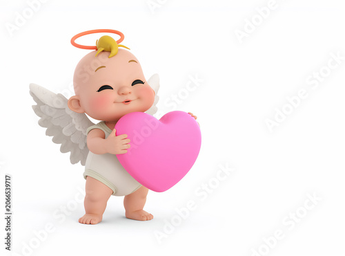 3D render of a funny cartoon baby angel with a heart isolated on a white background