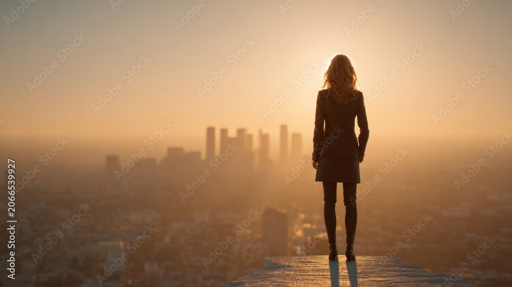 Fototapeta premium Woman overlooking city skyline at dusk