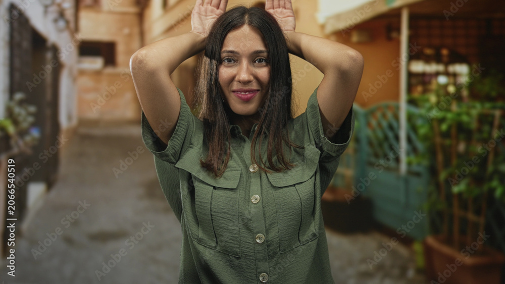Fototapeta premium Hispanic brunette woman with hands on head posing on narrow street in green shirt, smiling with tongue out and playful expression; playful joy.