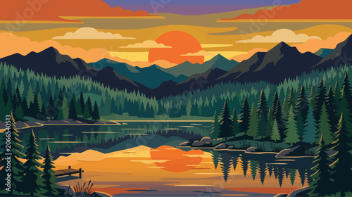 Mountain lake sunset landscape illustration with evergreen forest