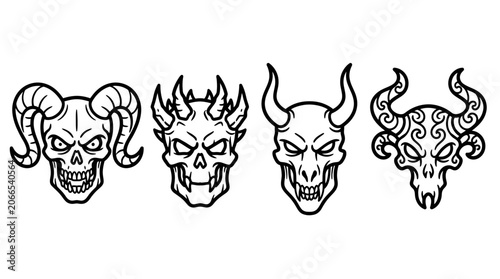 Fotografi Four demonic skull illustrations with horns and menacing expressions