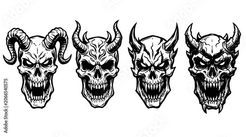 Billede på lærred Four Demonic Skulls with Horns - Horror Art Collection
