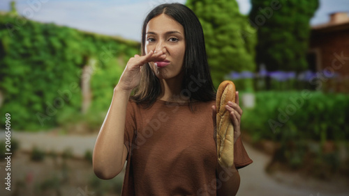 Konstfotografi Young hispanic brunette woman pinches nose with fingertips while holding a baguette and grimacing at the smell in a green forest setting; disgust