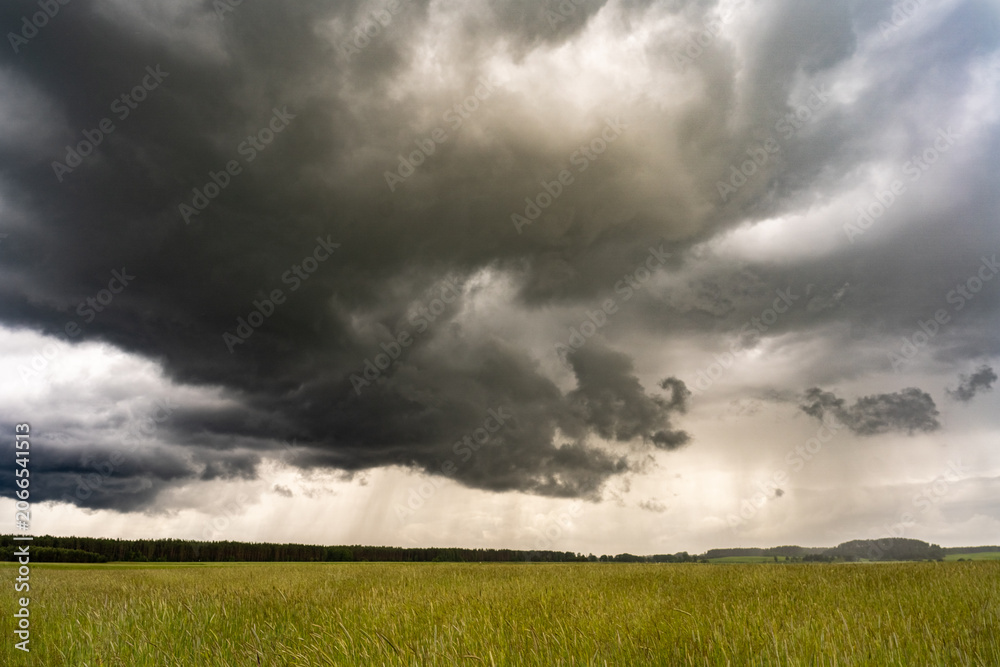 Obraz premium A massive dark storm cloud hangs low over a green meadow with rain visible in the distance