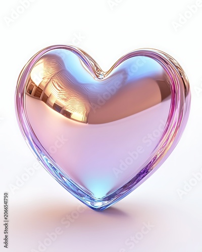 Crystal Heart Reflection: A luminous crystal heart, iridescent with hues of pink, blue, and gold, rests on a smooth surface, its facets capturing and reflecting light, symbolizing love and purity.