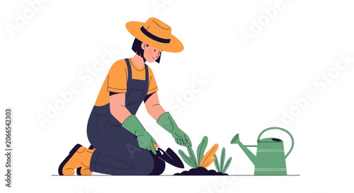 Foto Person kneeling outdoors watering plants with a green watering can