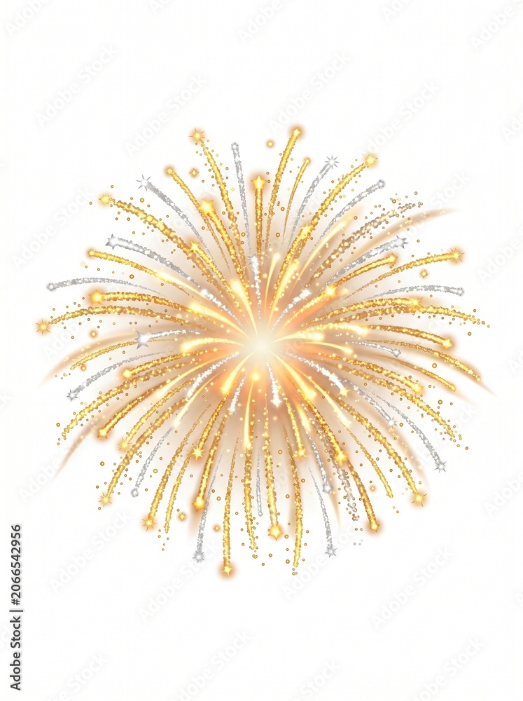 Fototapeta premium Radiant Gold and Silver Fireworks Burst Illustration for Festive Celebration and Holiday Event Background Design