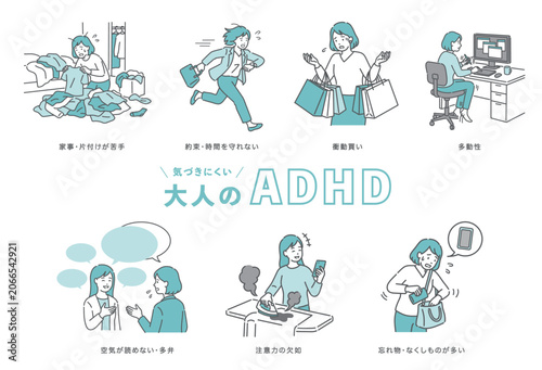 Obraz na płótnie 大人のADHD（注意欠如・多動症）の特徴セットイラスト（女性版）
