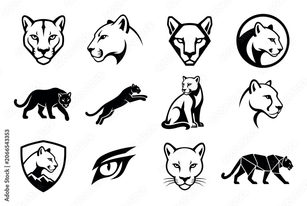 Obraz premium Cougar and panther vector logo icon set featuring various black and white designs of wild cat heads, full body silhouettes, and emblems for sports teams or mascot branding