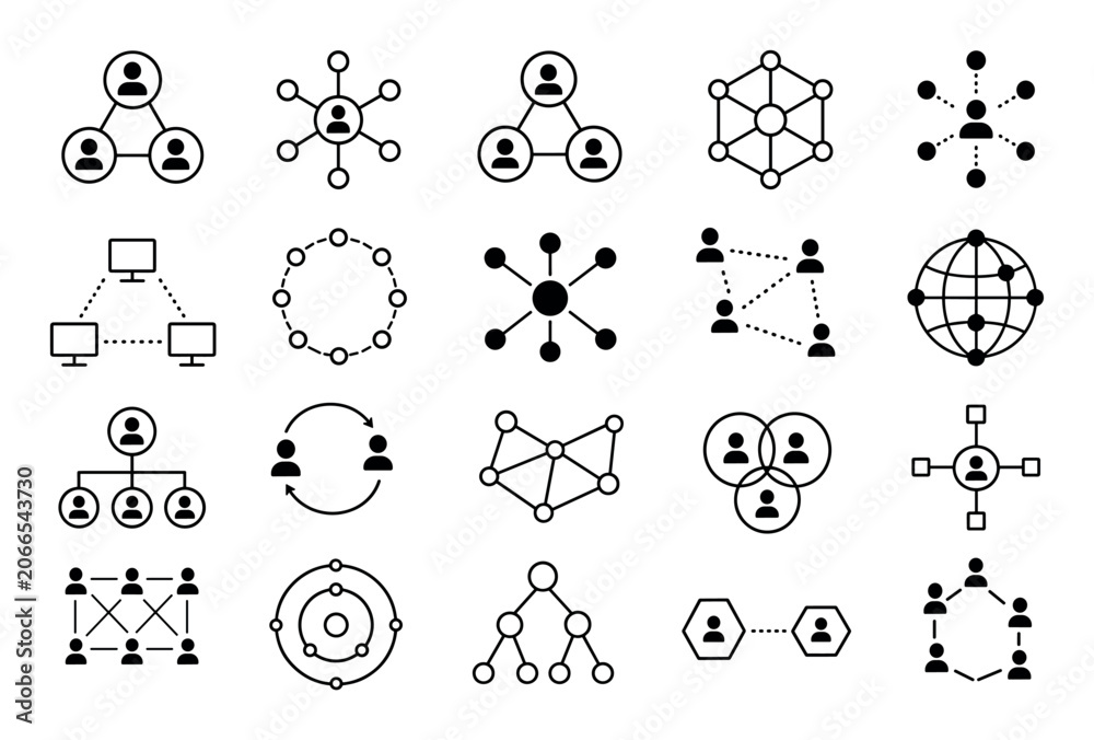 Fototapeta premium Network connection and social structure icons representing communication, teamwork, organizational hierarchy, global connectivity, and digital data distribution