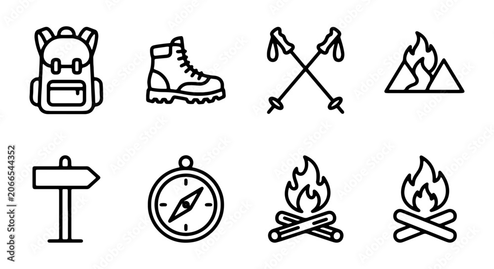 Fototapeta premium Hiking and Camping Line Icons, Outdoor Adventure Vector Set, Backpacking and Wilderness Exploration Graphics