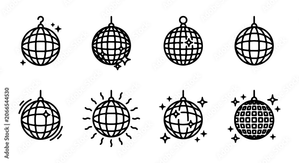 Obraz premium Disco Ball Icons Set, Retro Party Spheres, Vintage Celebration Graphics, Nightclub Mirror Balls