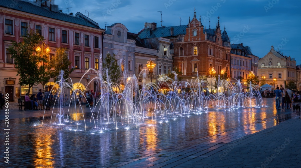Fototapeta premium Town square fountain illuminated at dusk