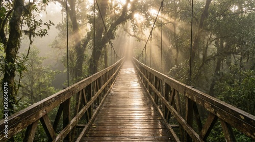 Wooden bridge in a forest landscape with trees and nature trail