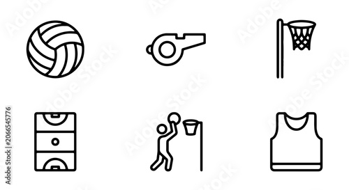 Netball Icons Set, Sport Equipment Graphics, Player Silhouette, Court, Hoop, Whistle, Jersey