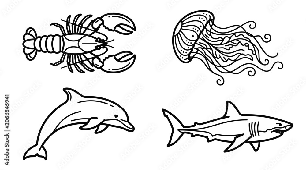Fototapeta premium Sea Creatures Vector Art: Lobster, Jellyfish, Dolphin, Shark Line Drawings