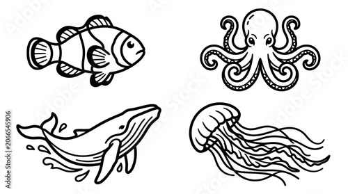 Photography Hand-drawn sea creatures: clownfish, octopus, whale, jellyfish