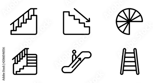 Staircase Icons Set, Escalator, Ladder, Spiral Stairs, Vector Graphics for Navigation