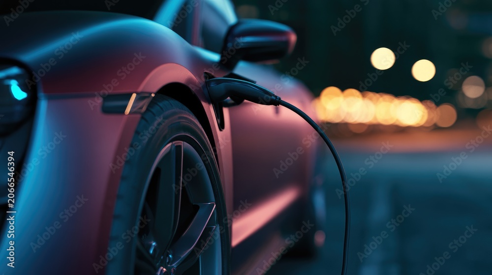 Naklejka premium Electric Car Charging at Night with Neon Lights.