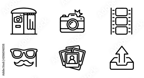 Photo Booth Icons, Camera, Film Strip, Upload, Props, Vector Set