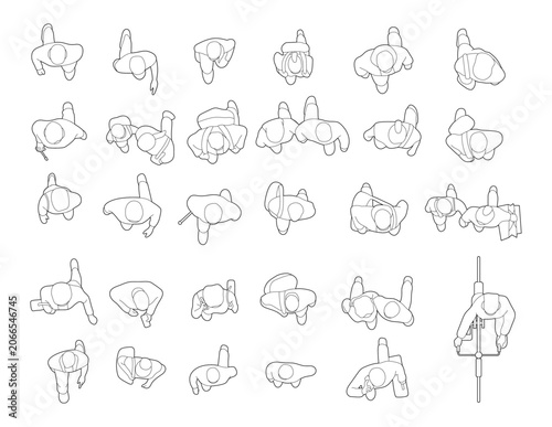 Fotografie set of people lifestyle walking top view in city, minimalist outline plan drawings for architectural style