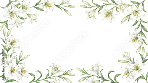 White lily flower frame border with green leaves and buds for wedding invitation card design vector illustration