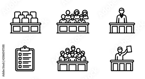 Fotografía Courtroom Icons, Jury Box, Judge, Legal Proceedings, Justice System, Law Office,