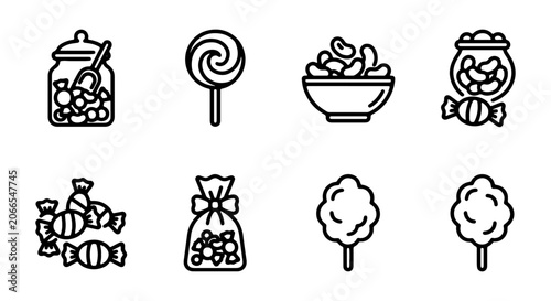 Fotografie Sweet Treats Icons: Candy Jar, Lollipop, Cotton Candy, Bagged Sweets, Vector Gra