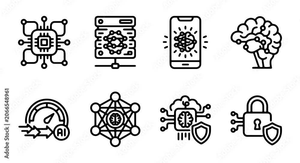 Obraz premium AI, Machine Learning, Artificial Intelligence Icons. Technology, Brain, Data, Security Vector Set