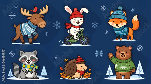 Cute Cartoon Winter Animals Flat Design Vector Illustration Style with Moose, Rabbit on Bike, Fox, Raccoon, Hedgehog, and Bear