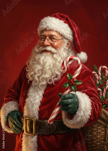 Portrait of a traditional Santa Claus holding a festive candy cane.