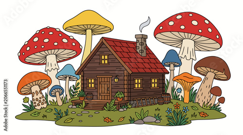 Whimsical illustration of a cozy brown house with a red tiled roof surrounded by colorful mushrooms and lush greenery on a plain white background.