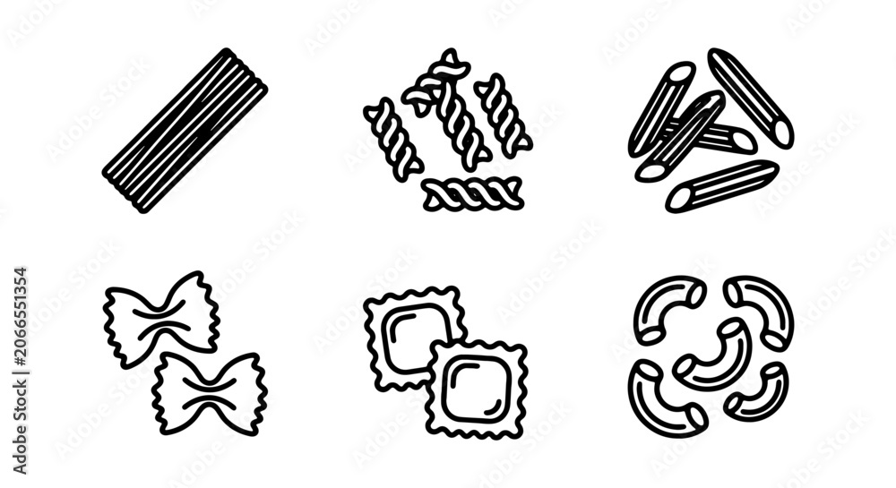 Obraz premium Pasta varieties, Italian cuisine, macaroni, penne, fusilli, ravioli, farfalle vector icons