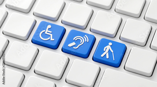 Close up view of blue computer keys with accessibility icons representing disability inclusion on a white keyboard background